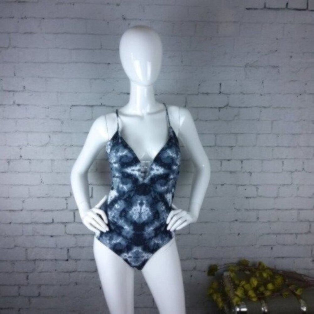 Cikada Marble Arch Plunging Low Cut One-piece Swimsuit in Gray Size 12